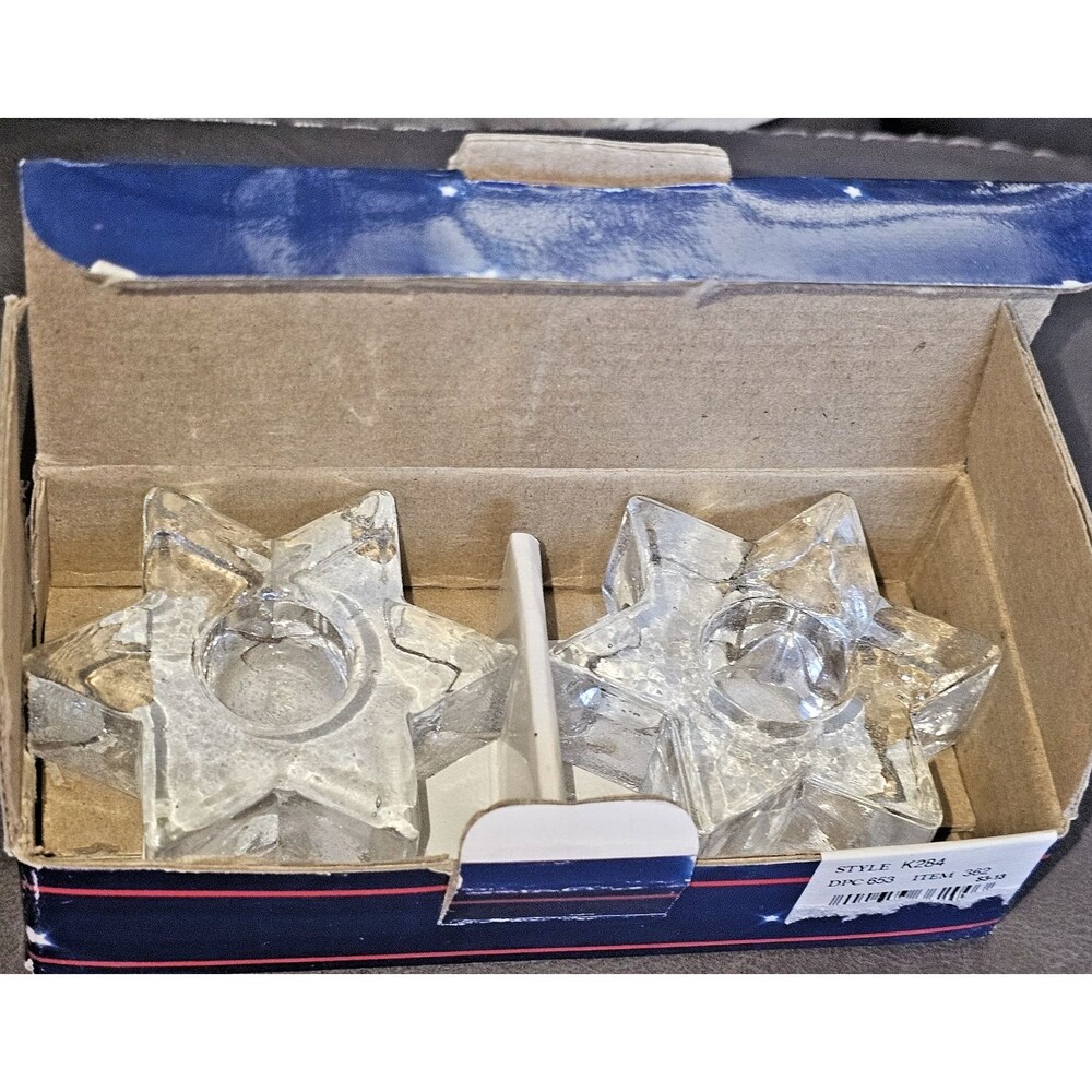 Clear Glass Star Candle Holders Freestanding New In Open Box Set of 2